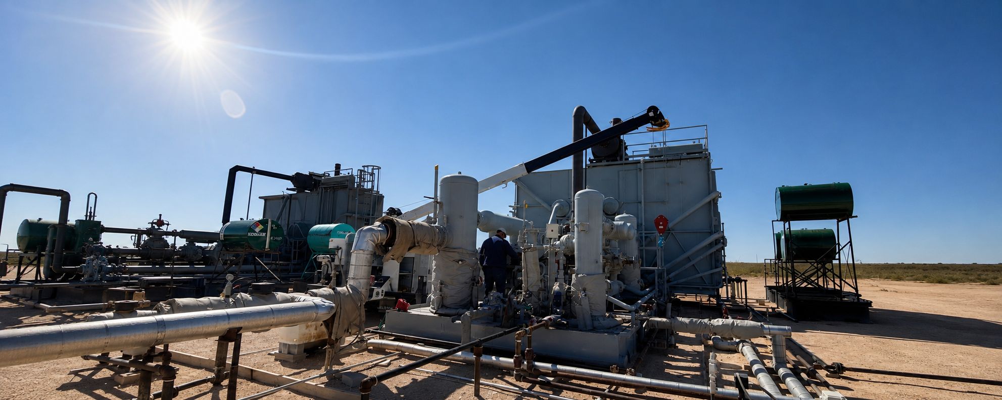 Natural gas compressor station on a Permian Basin location under clear sky